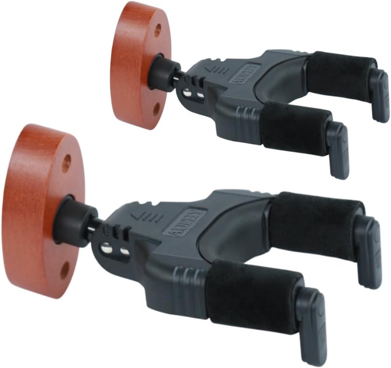 AUPHY 2-Pack Guitar Wall Hanger, Auto-Lock Guitar Wall Mount with Nitro-Safe Velvet, Universal Holder for Acoustic/Electric/Bass Guitars - Wall Guitar Mount Value Set (Wood Red) - Image 1
